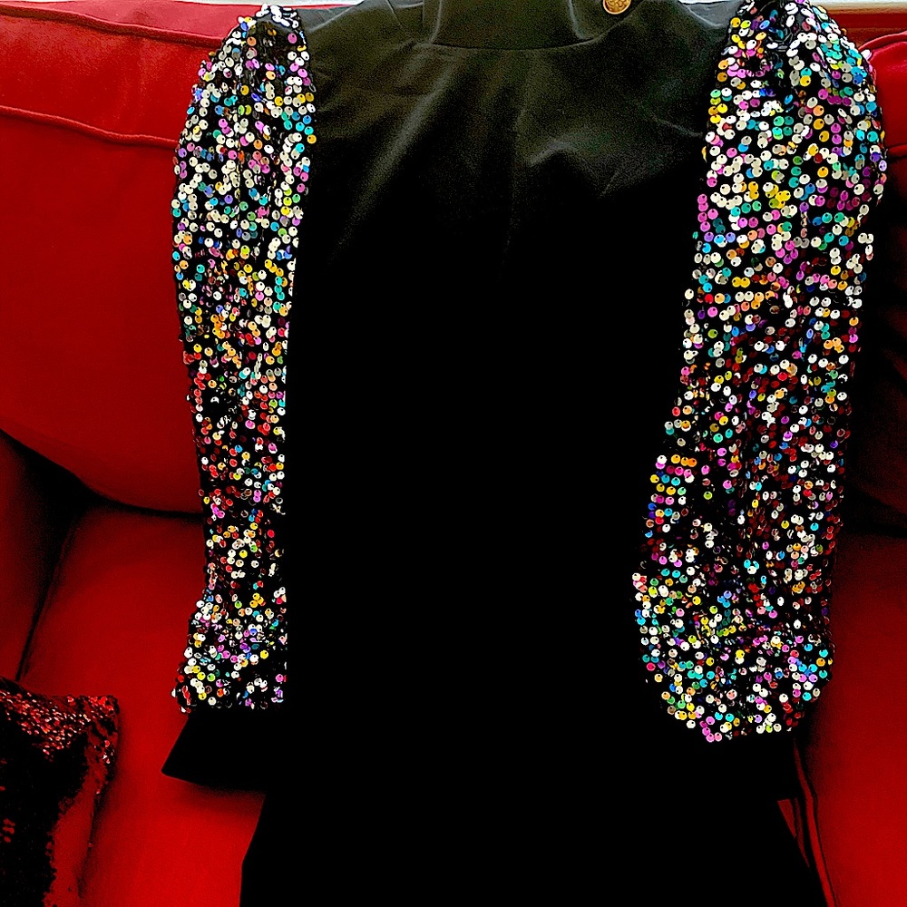 Sequin Sleeves.black booby-bob-short..A-line dress.VERY pretty..